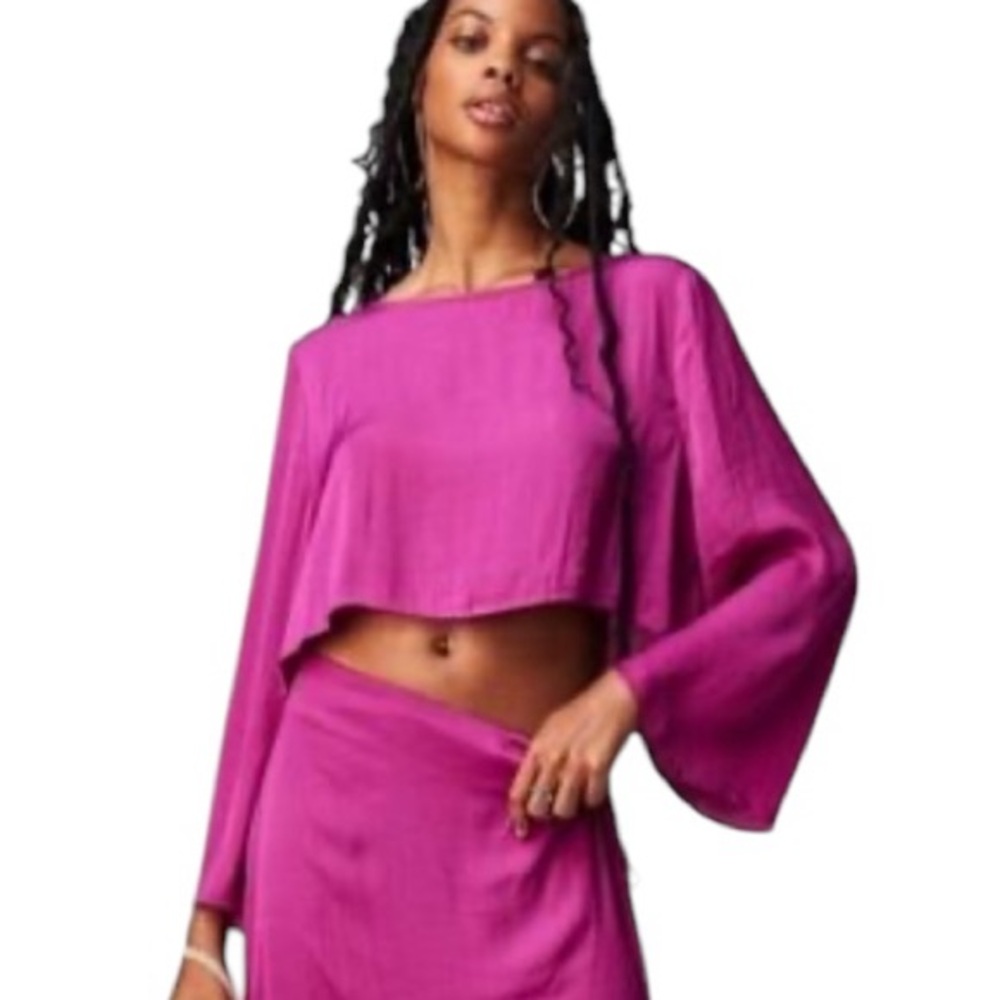 Free People Angie Magenta Haze Pink Satin Bell Sleeve Cropped Top - 2